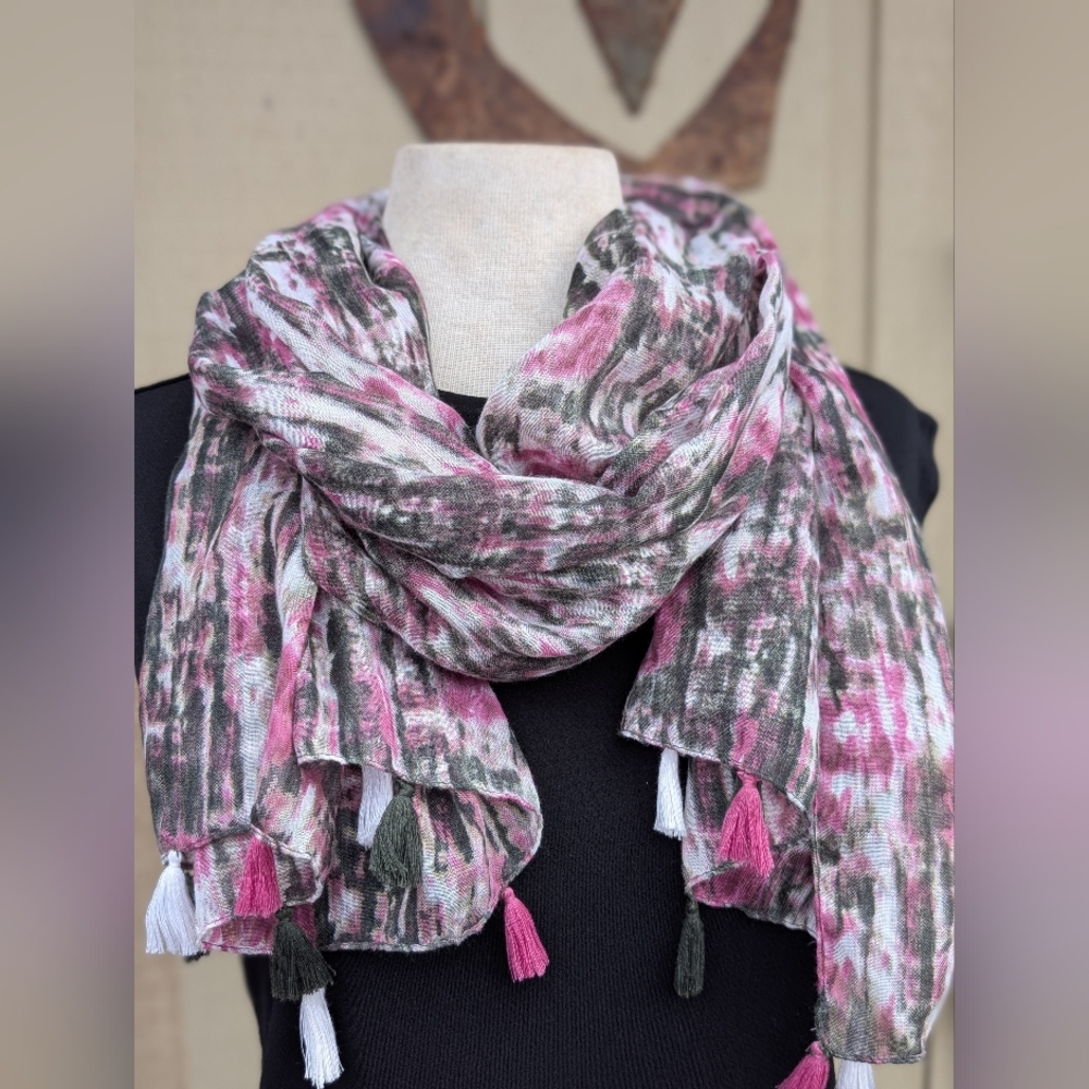 Pink And Gray Super Soft Scarf With Tassels